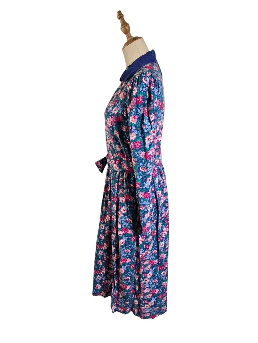 Laura Ashley Vintage Blue Floral Long Sleeve Midi Dress with Corduroy Collar